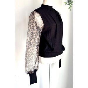 Sioni Black lightweight top or Blouse with Sheer Cheetah black/tan Print Sleeves